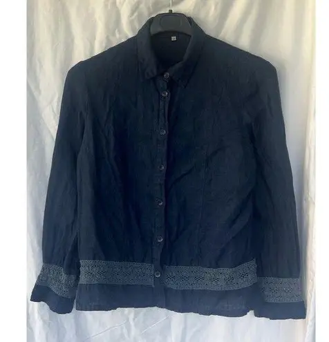 Zyga 100% Linen Blue Button Up Shirt Women’s 42 Eyelet Resort Vacation Coastal Size undefined