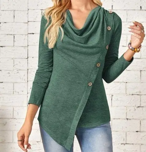 SheIn NEW Cowl Neck Asymmetrical Long Sleeve Button Accent Green Top Medium Pullover