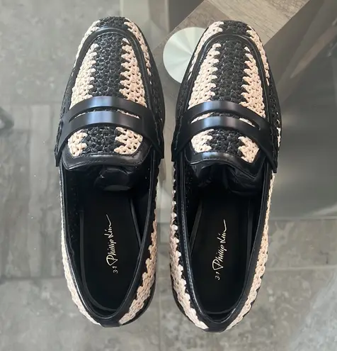 3.1 Phillip Lim Alexa Raffia & Leather Penny Loafers in Antique White/Black NEW