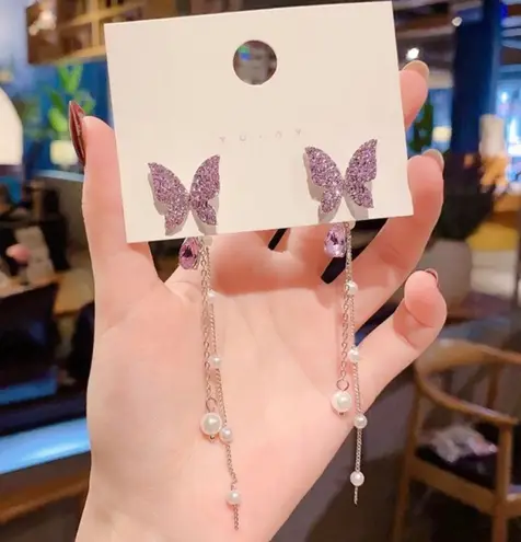 925 Silver Post Pearl Butterfly Long Tassel Dangle Drop Earrings for Women