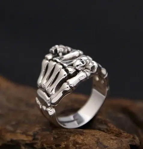 925 Silver Plated Adjustable Skull Hand Ring for Men Women,Punk Hip Hop Ring