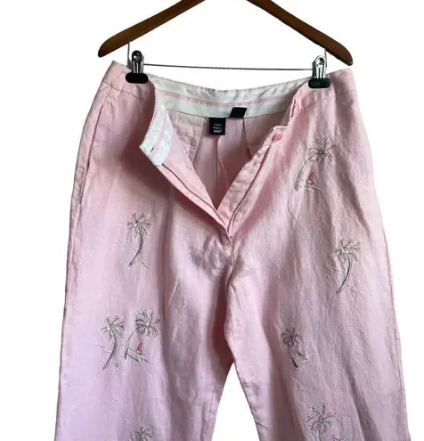 Saint Tropez West  Women Linen Crop Pants Palm Tree Print Size 16 Pink Beachy