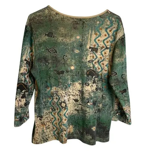 Cactus Shirt Womens Large Green Aztec Animals V Neck Rhinestones Tribal Casual