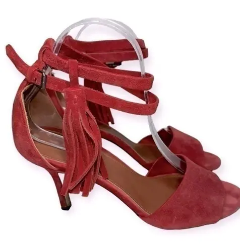Yvonne Kone Women’s Size 38 7.5 Red Suede Wrap Tassel Ankle Open Toe Pumps Heels