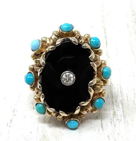14K yellow gold, onyx, turquoise and diamond ring, vintage, size ~7 Gold