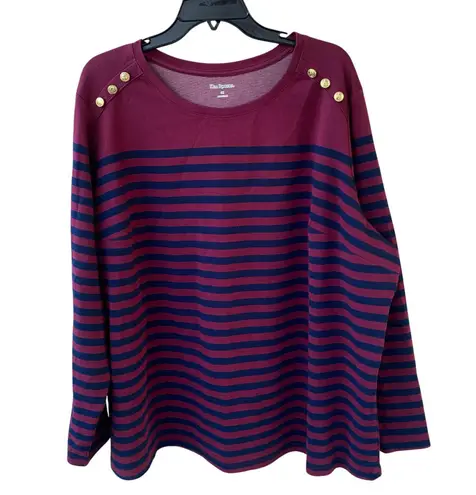 kim rogers 3X Woman Striped Burgundy Gold Tone Button Comfort Top Office Work