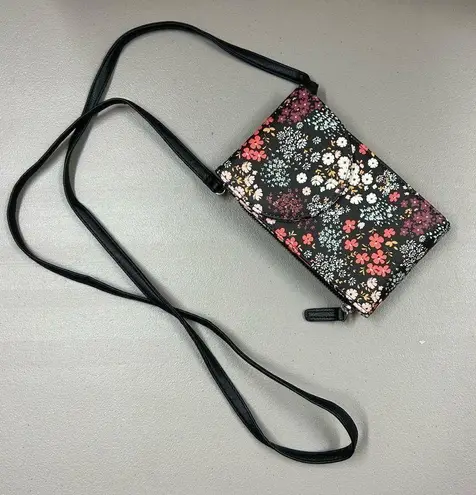 Floral Crossbody Bag Purse Zipper Closure Snap Button Black Phone Holder NEW