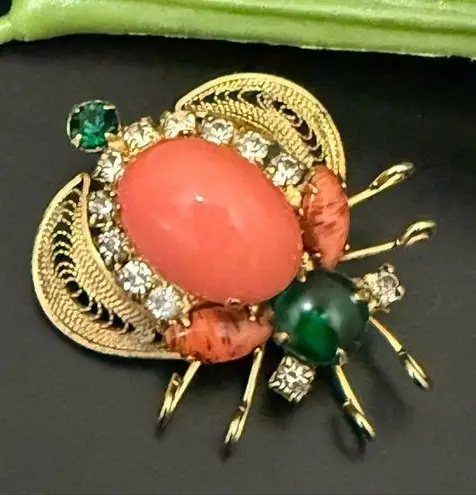 Rare Juliana Delizza & Elster Faux Coral Cabochon Rhinestones Beetle Bug Brooch Orange