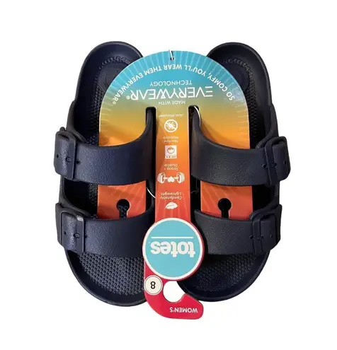 Totes Sandals Womens 8 Navy Blue Everywear Double Buckle Slide Waterproof Used