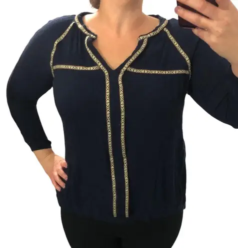 Andree Blue MEDIUM Split Neck Boho Patterned Contrast Trim Long Sleeve Blouse