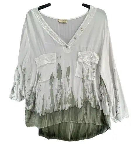 Impulse California Top Large White Green Dip Dye Sequin Coastal Lagenlook Boho