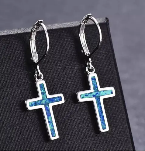 Shiny Opal & Silver Cross Pendant Earrings, Holy Land Jerusalem Catholic Charm