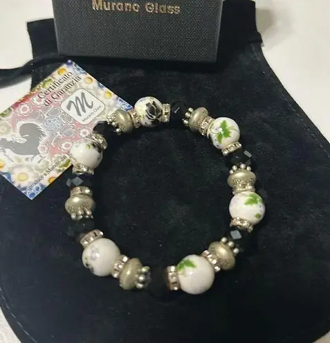 🇮🇹 Murano Glass Stretch Bracelet, Handmade in Venice Lamp Work Flowered Beads