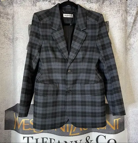 Balenciaga New Hourglass Checked Wool-Blend Blazer in Grey and Black