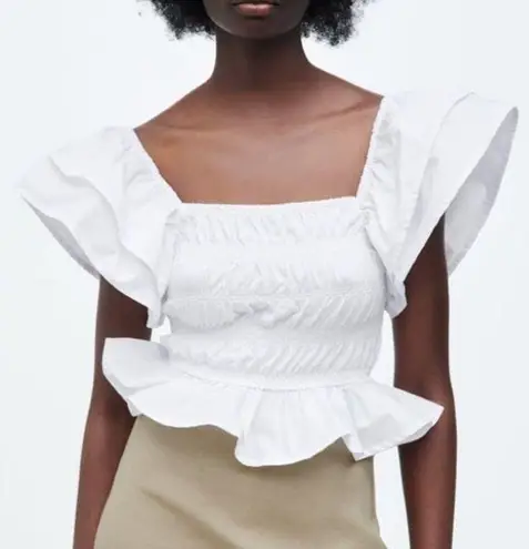 ZARA NWT white cotton ruffle sleeve peplum smocked stretchy top