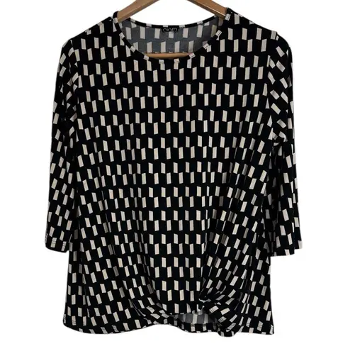 Clara Sun woo Geometric Black/Ivory Print 3/4 Sleeve Front Knot hem Blouse sz L Black Size L