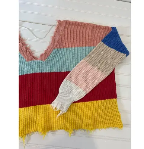 Fox + Hawk Color Block Cropped Distressed Stripe Sweater Multicolor Size S Red