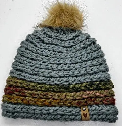 Handmade  Blue and Green Beanie with brown pom‎ pom. New