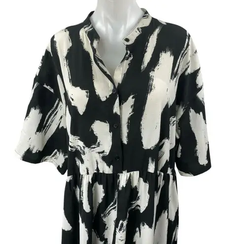 MONKL Black White Short Sleeve Abstract Button Front Maxi Shirt Dress Size XL