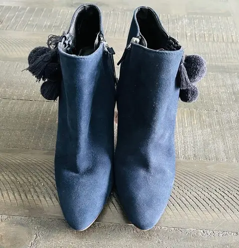 ZARA  Leather Navy Blue Pom Pom Detail Heel Ankle Boots Size 9.5