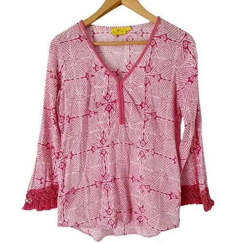 Roberta Roller Rabbit Women's XS Pink Floral Cotton Fringe Peasant Top