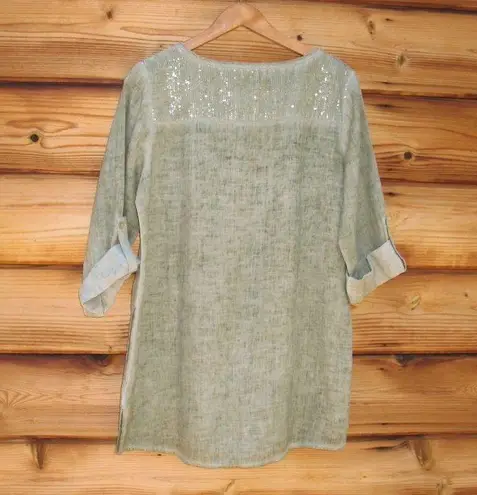 Soft Surroundings Green Sequin Linen Tunic Top