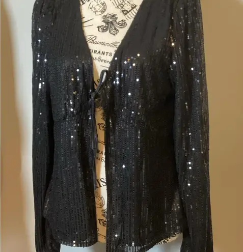🩷NWT🩷 WOMENS BLACK SEQUINED LONG SLEEVE EVENING TIE FRONT COVER UP SZ XXL