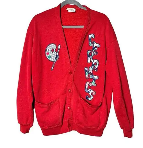 Vintage The Pampered Patch Hand Sewn Ceramics Art Red Cardigan Medium 1980’s B7
