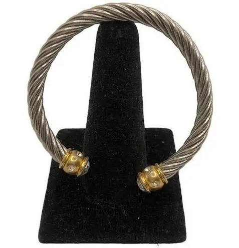 Retro Silver Rope Style Cuff Bracelet with Gold Bar on each end with rhinestones