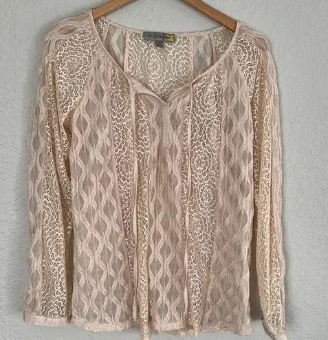 Cream Sheer Lace Feminine Blouse Coquette Cottage Girly Flirty Long Sleeve Y2K Size M