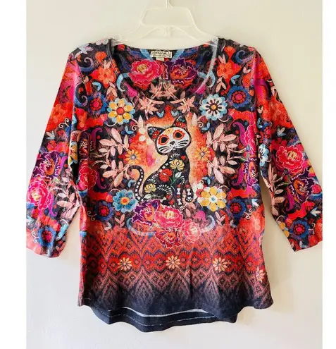 Energe Sz L Sugar Skull Cat Stretch Shirt Long Sleeve Blouse Top Pullover Red Size L