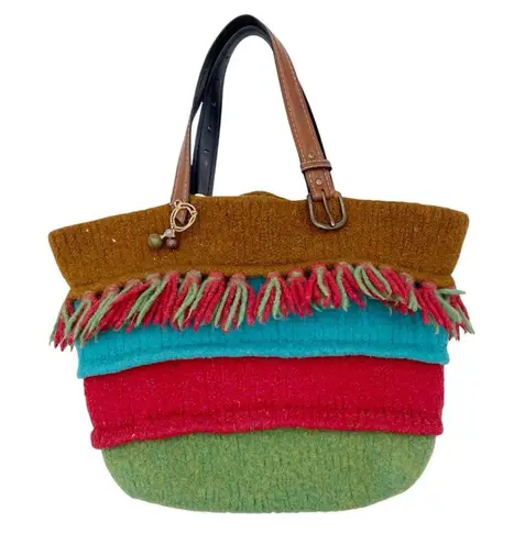 Vintage Wool Fringe Colorful Striped Bucket Tote Bag Purse Bohemian Southwestern Brown