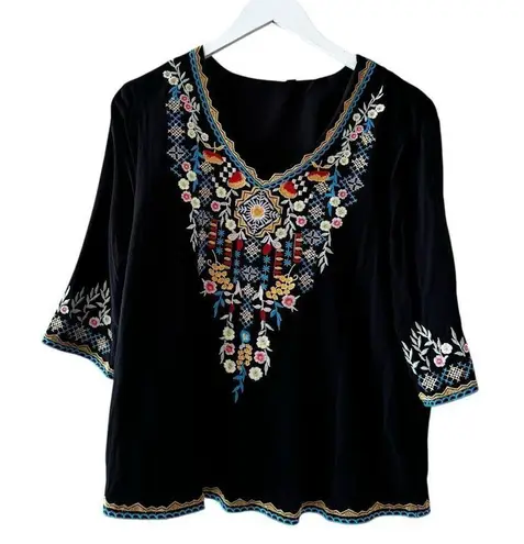 Embroidered Bohemian Hippie Tunic Fiesta Boho Festival Peasant Blouse SZ M Black Size M