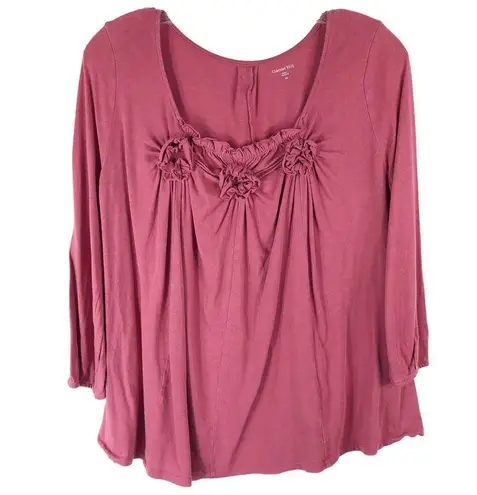 Garnet Hill XS Top Red Gathered Front Smocked Ruffle Solid Cotton Pullover 381