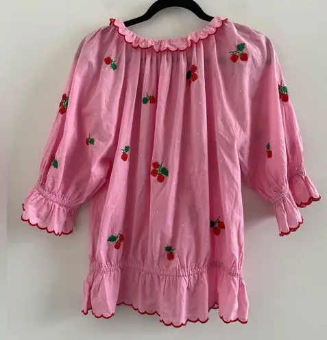 Pink City Prints Pink Beatrice Cotton Strawberry Embroidered Blouse Large