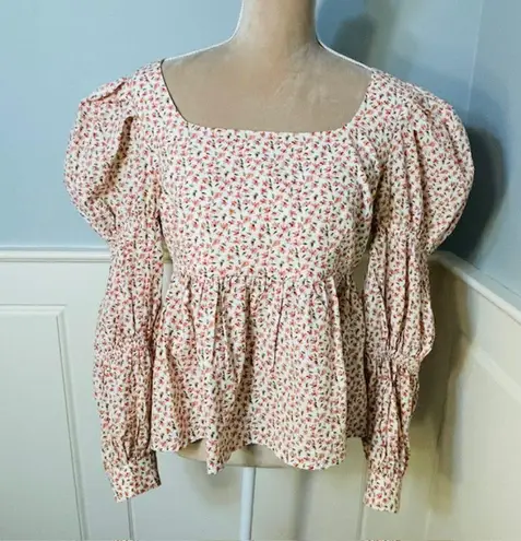 Tuckernuck Hyacinth House Puff Long Sleeve Peplum Floral Blouse Small Green