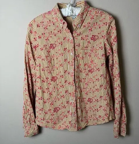 Odille Anthropologie Gold Coral Eyelet Gingham Shirt Top Womens 10 Blouse Spring