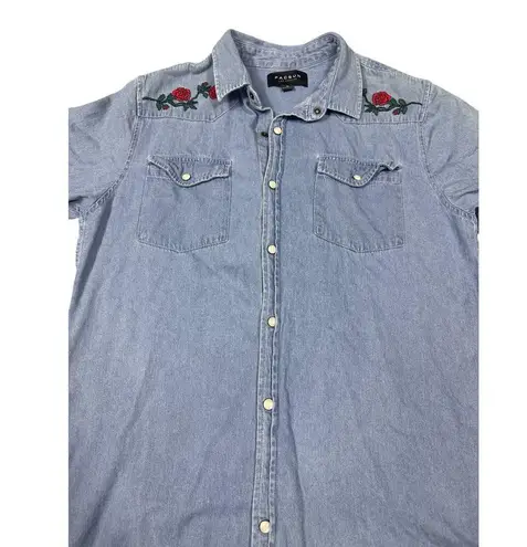 PacSun Denim Western Shirt Medium Embroidered Roses Blue