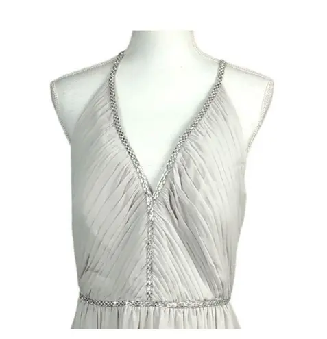 New Jenny Packham Gown Size 16 Oyster Rhinestone Flowy Pleated Chiffon Gala Gray