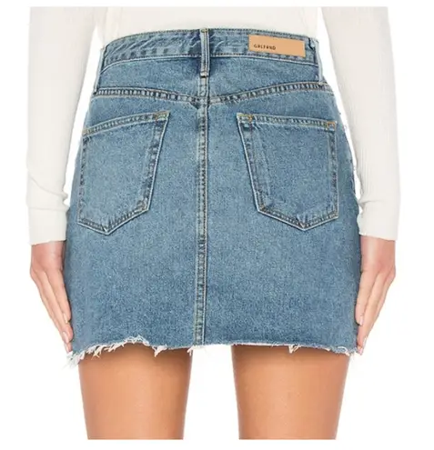 Milla Embellished Crystal & Pearls Raw Hem Frayed Mini Denim Skirt Jean Skirt in Solstice Blue Size M
