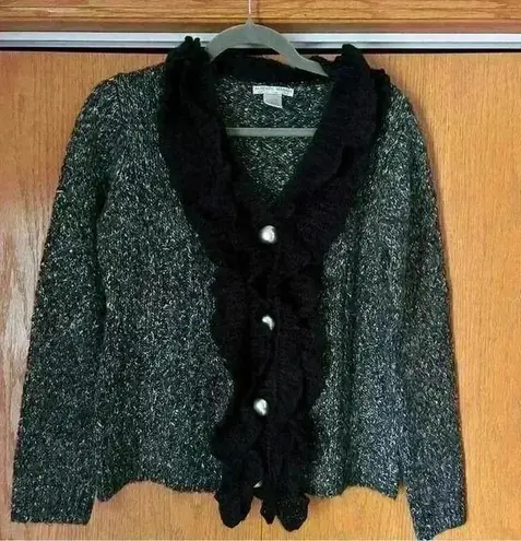 Alberto Makali Vintage Women’s V Neck Ruffle Cardigan Black Metallic Thread L