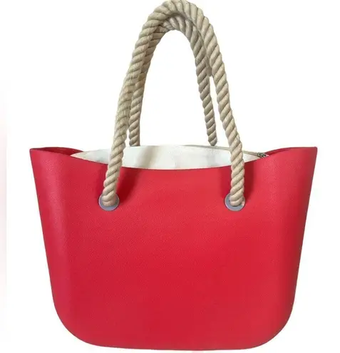 Beach Tote Red Rubber Canvas Lined Tote bag with braided rope handle