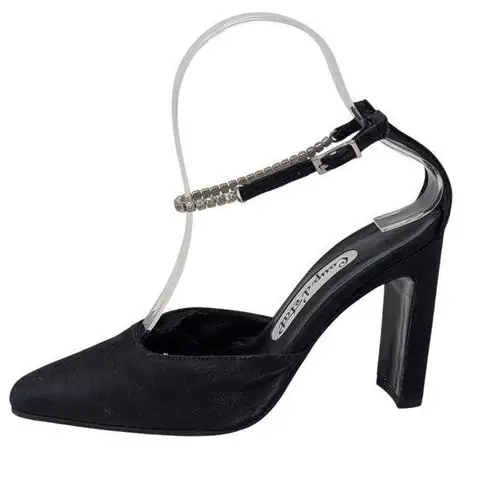 1990s Vintage Formal Heels Black 6.5 Shiny Satin Rhinestone Ankle Strap Prom
