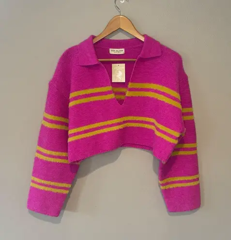 ZEN ISLAND Boutique Women’s Long Sleeve Collared & Striped Crop Sweater NWT Sz M Yellow Size M