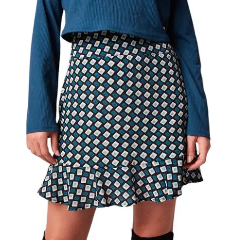Band Of The Free New Diamond Print Ruffle Mini Skirt Colette Black Teal Sz Large