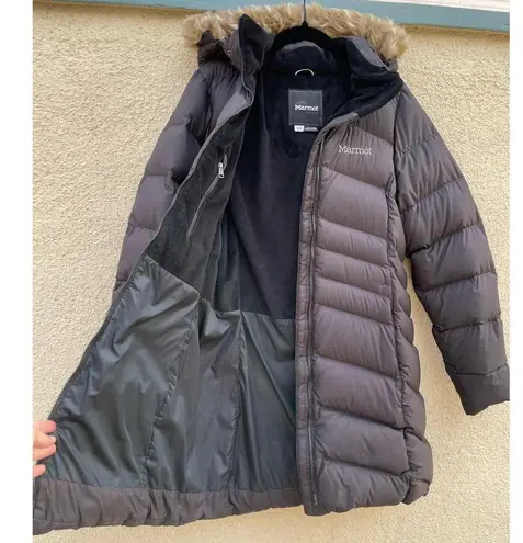 Marmot Black Montreal Long Down Puffer Jacket Faux Fur Hood S 700 Fill