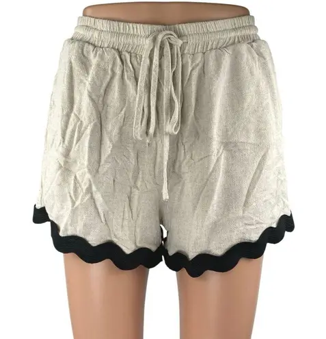 Anniewear Women's Beige Black Scalloped Hem Drawstring Lounge Shorts Size S
