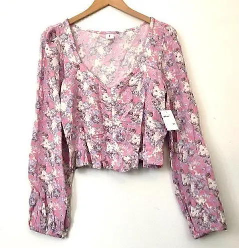 Abound NEW NWT  Cinched Floral Blouse Pink Cream Blue Long Sleeve Crop Top Medium