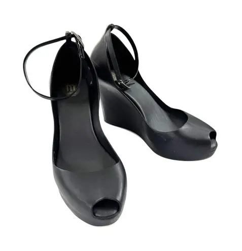 Melissa Black and White Patchuli Peep Toe Jelly Ankle Strap Wedge Shoe Size 6