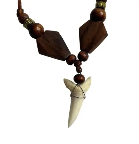 Adjustable Shark Tooth Pendant Necklace with Wooden Beads Unisex Brown